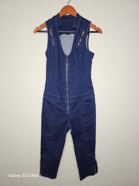 bebe Dark Blue Denim Jumpsuit with Gold Zippers
